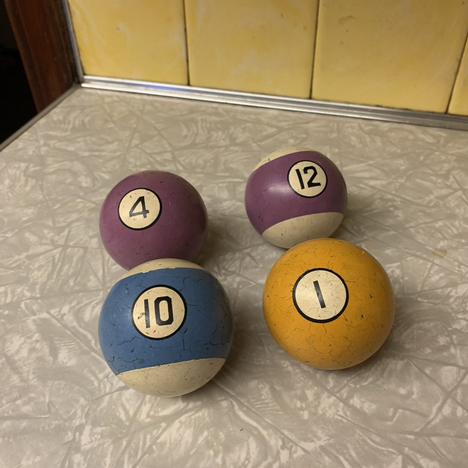 Antique Billiard Clay Pool Balls Purple, Yellow Number 4 & 12 & 10 & 1  Lot of 4