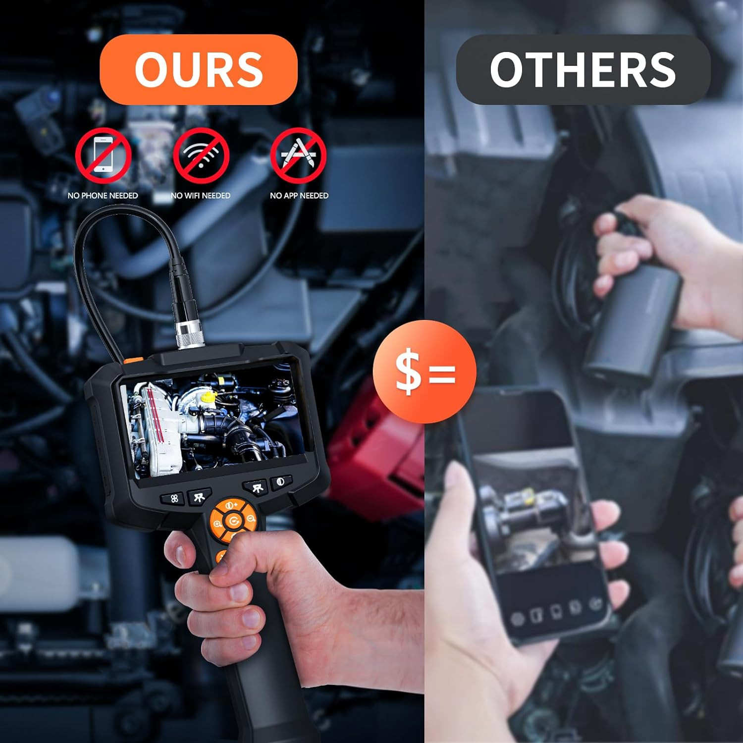 Endoscope Camera with Light, 1080P HD Borescope with 8 Adjustable Lights, 4.3" E