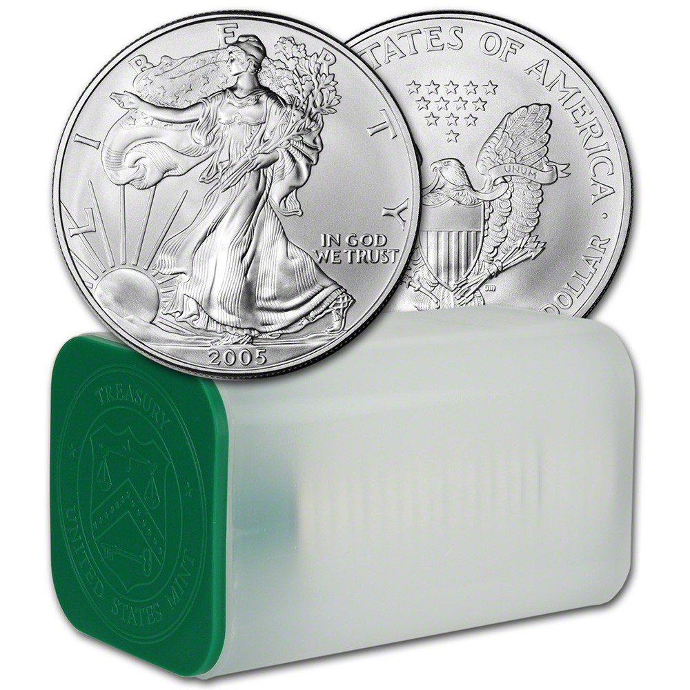 2005 American Silver Eagle Coin 1 oz $1 - 1 Tube - Twenty 20 BU Coins in Mint Tu
