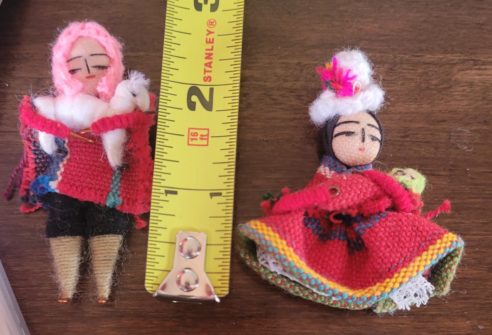 Vintage Pair Small Peruvian Folk Doll Handmade 2.50" Holding Lamb And Baby
