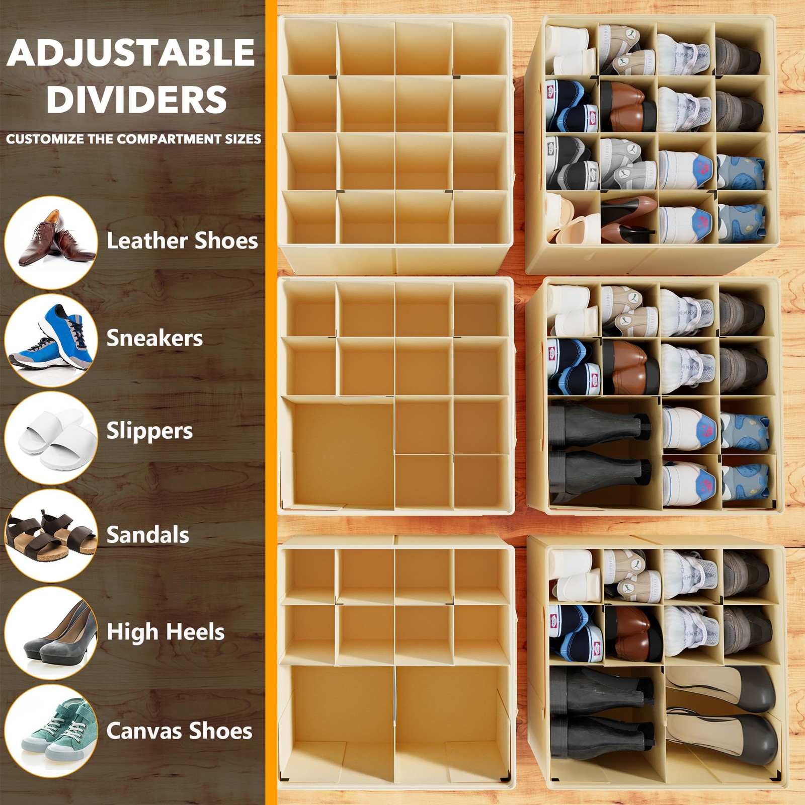 2 Pack Beige Shoe Organizer, Foldable, Dividers, Fits 16-32 Pairs, Bins
