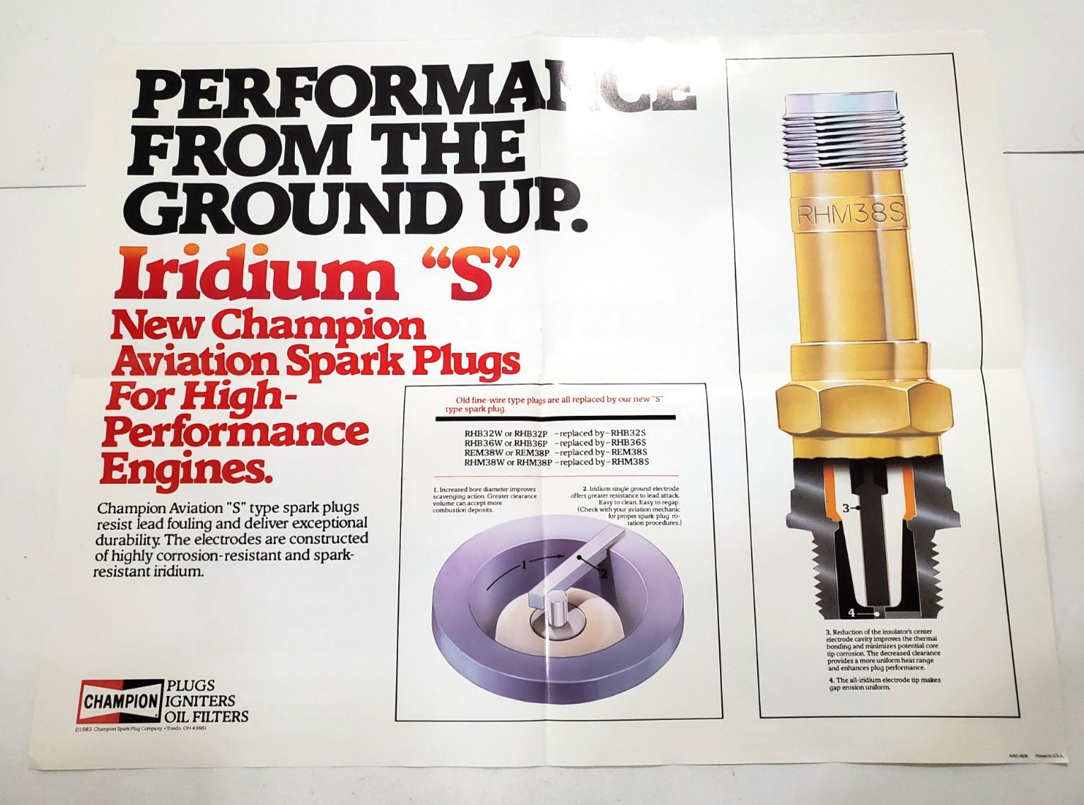 1983 22" x 17" Champion Aviation Products Spark Plugs Poster Performance Iridium