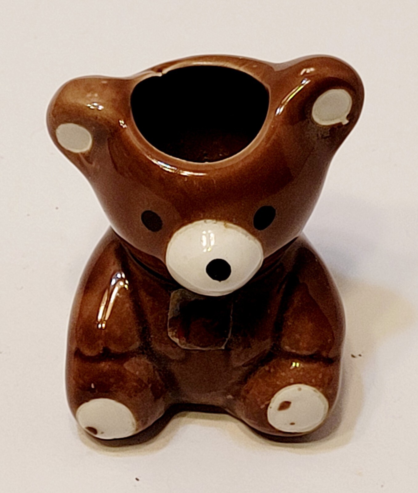 Vintage Ceramic Teddy Bear Toothpick Holder Brown 2" Tall