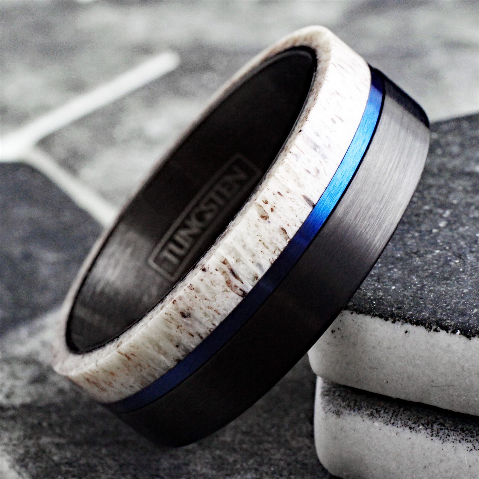 Black Tungsten Carbide Men's Ring Deer Antler w/ Blue Stripe Wedding Band