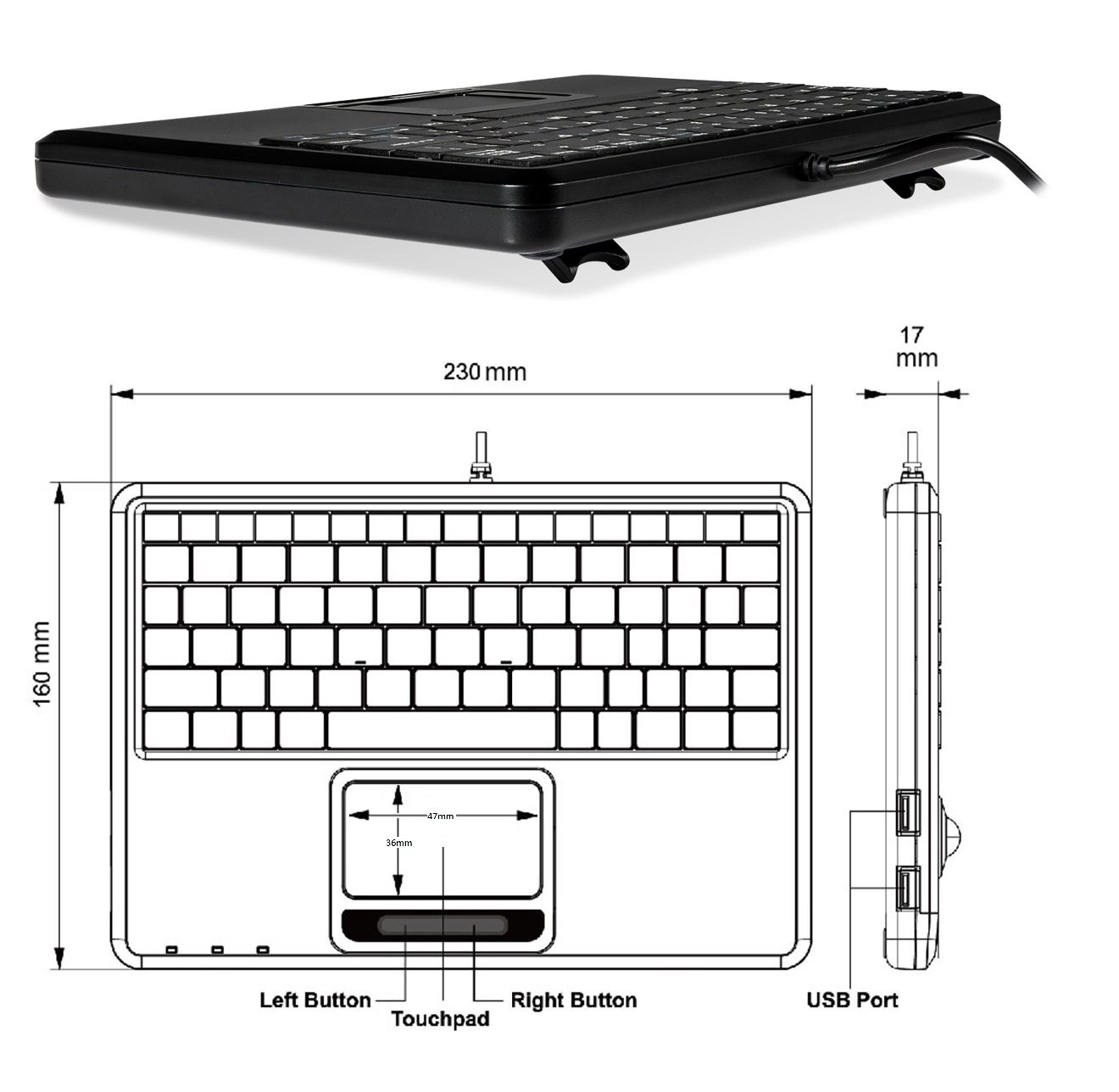 Perixx PERIBOARD-510H Plus, Wired Super Mini USB Touchpad Size, Black