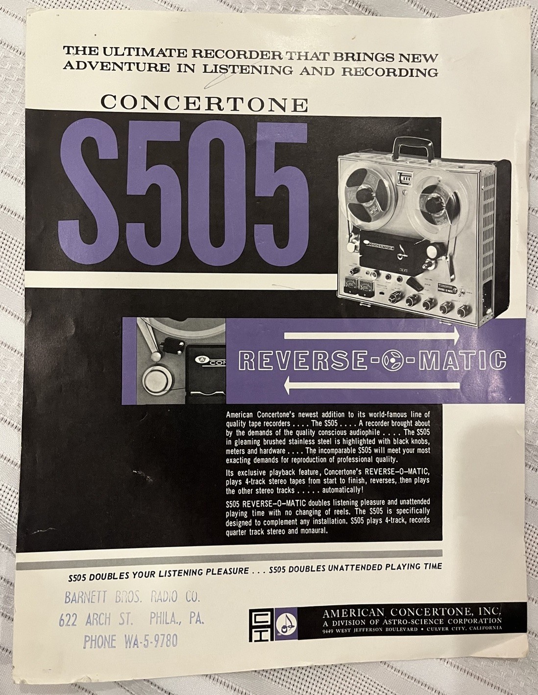 Vtg American Concertone S505 Reverse-O-Matic Models Advertisement Ad