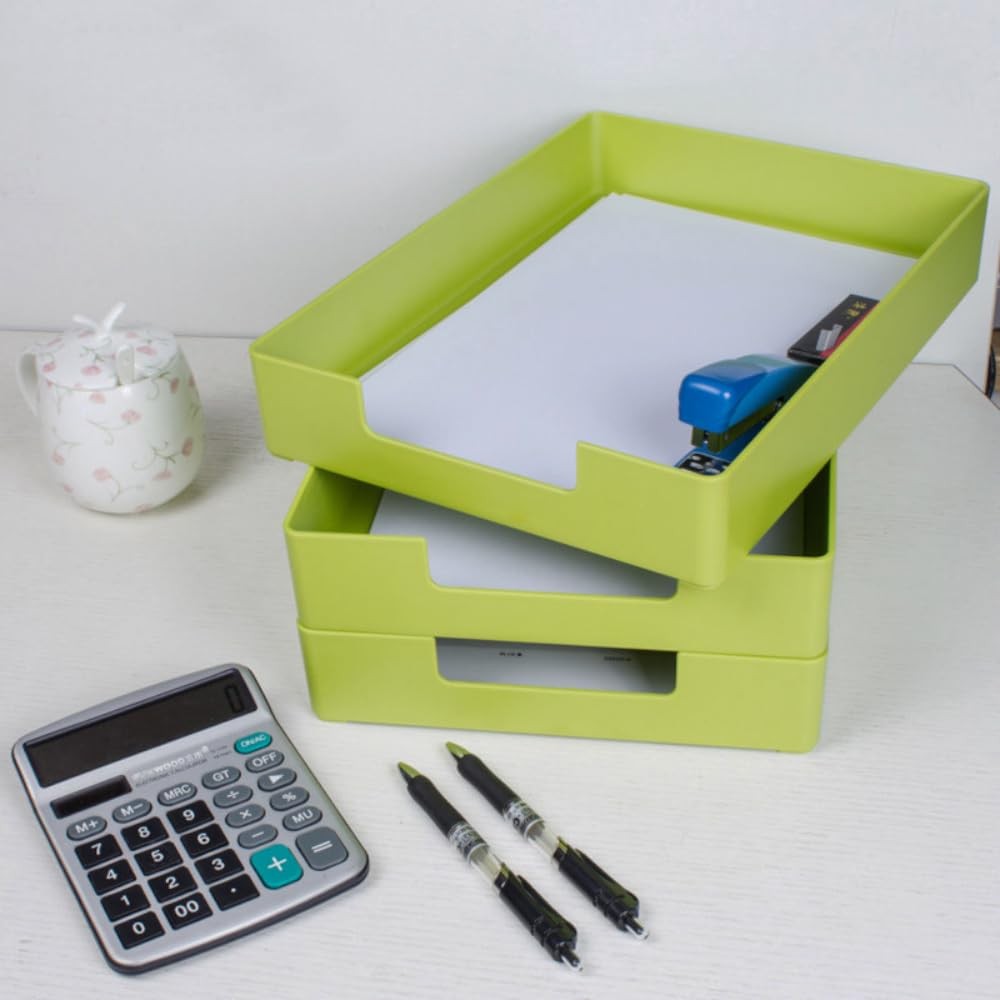 A4 Stackable Plastic Paper Trays, Desk Organizer, 2~Pack Green