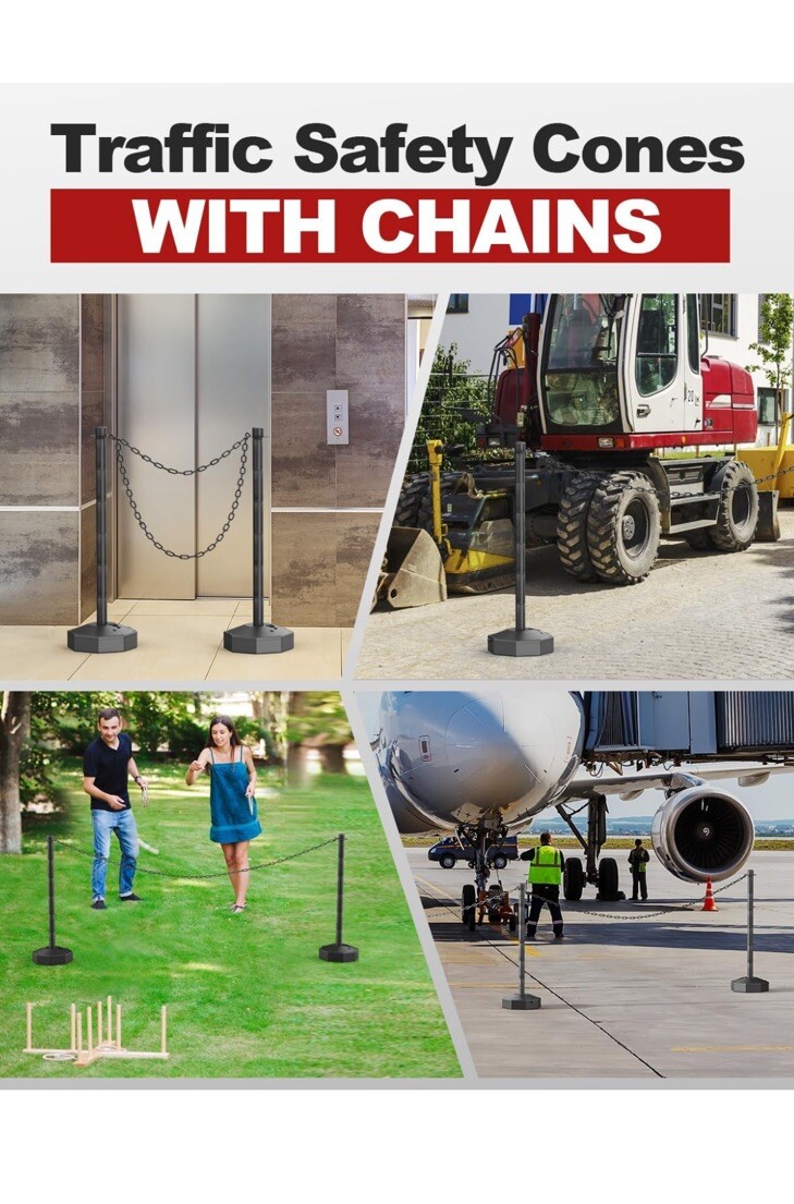 Traffic Delineator Post Cones with Fillable Base 27” Height 8 FT Plastic Chain