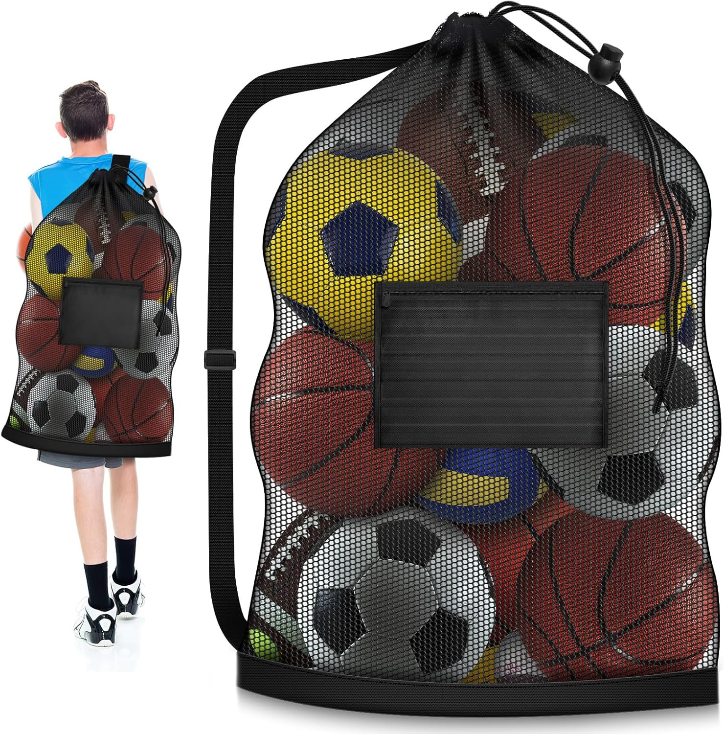 Extra Large Soccer Ball Bag, 40" X 30" Drawstring Mesh Ball Bag with Pocket, Hea