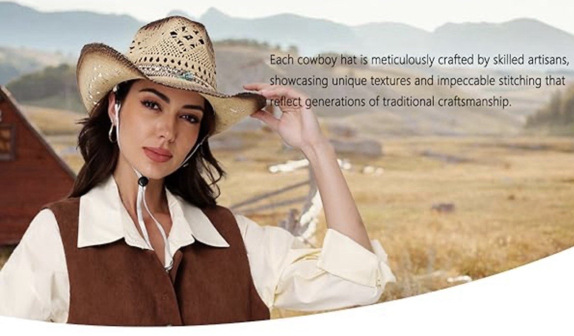 Women’s Straw Cowboy Hat, Breathable Western Cowgirl Hat W/2 Decorative Bands