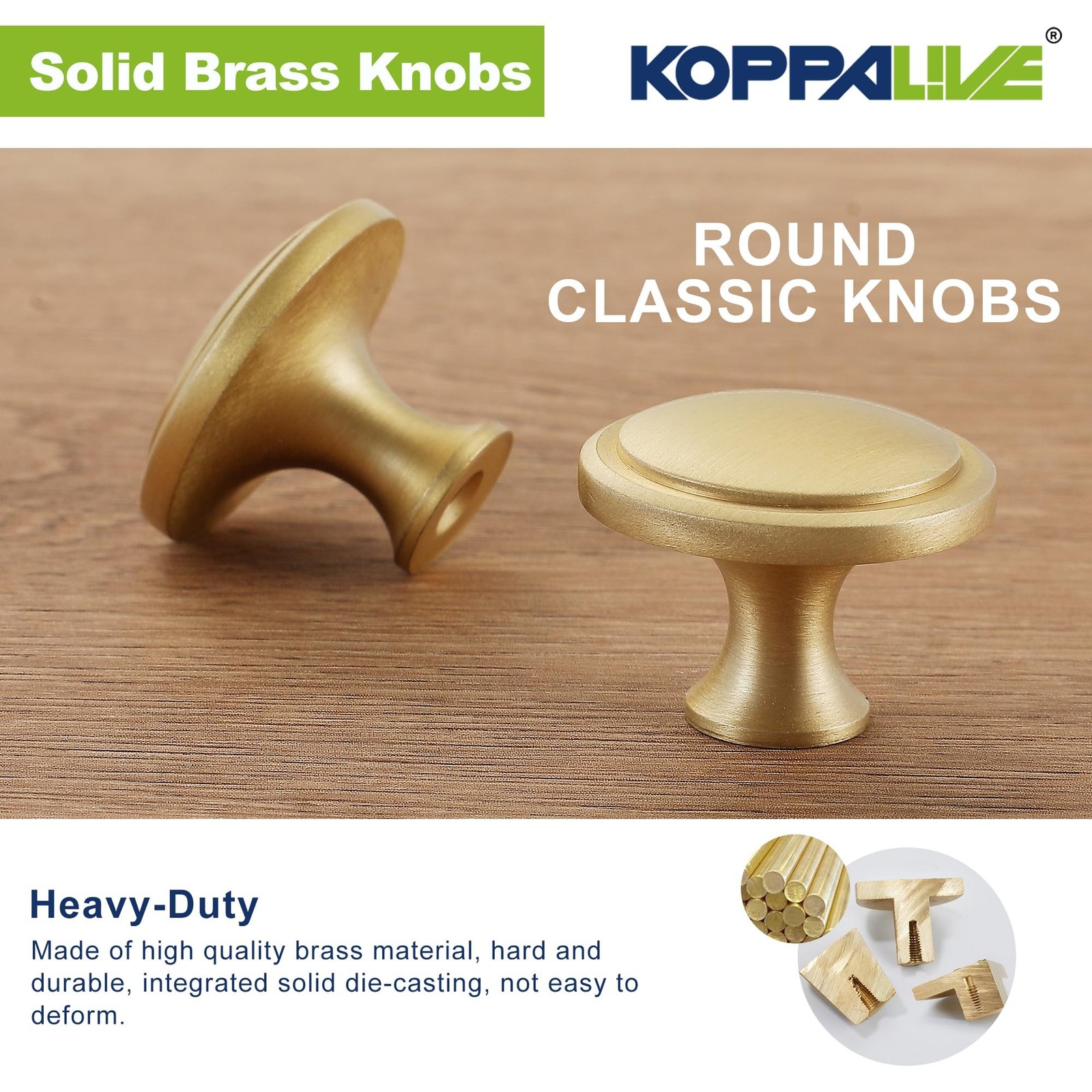 5-Pack Solid Brass Cabinet Knobs, Round Gold Knobs for Dresser Drawers, Brush...