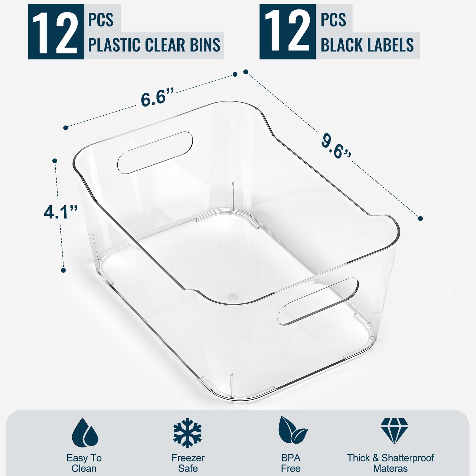 12 PACK Multiuse Clear Plastic Storage Bins for Organizing w/ Medium,