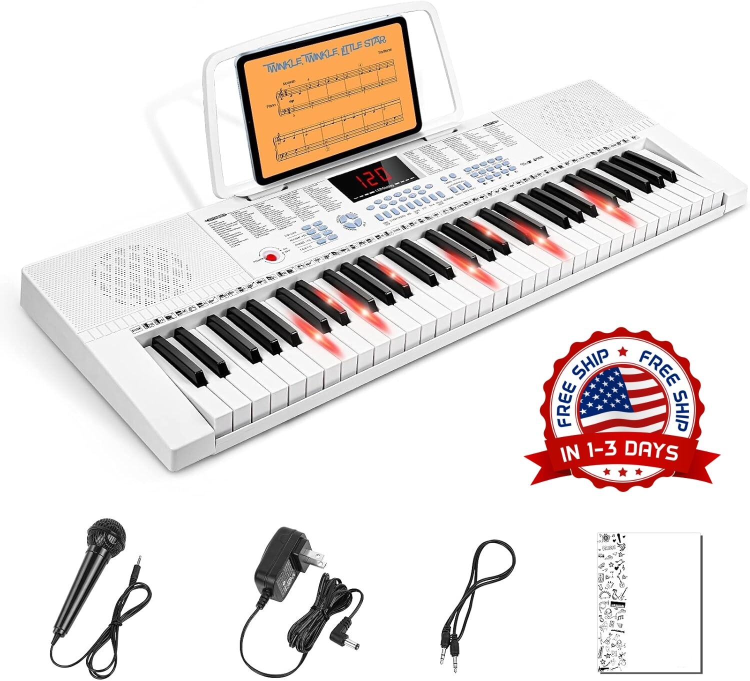 Teclado De Piano Digital Eléctrico 61 Teclas Niños Para Niños, Niño,Niña, Blanca