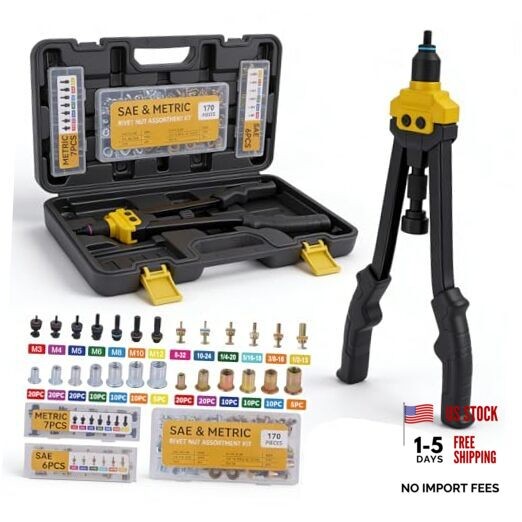 Rivet Nut Tool Kit, 16" Rivnut Tool Kit with 13 Metric and SAE Mandrels, 170