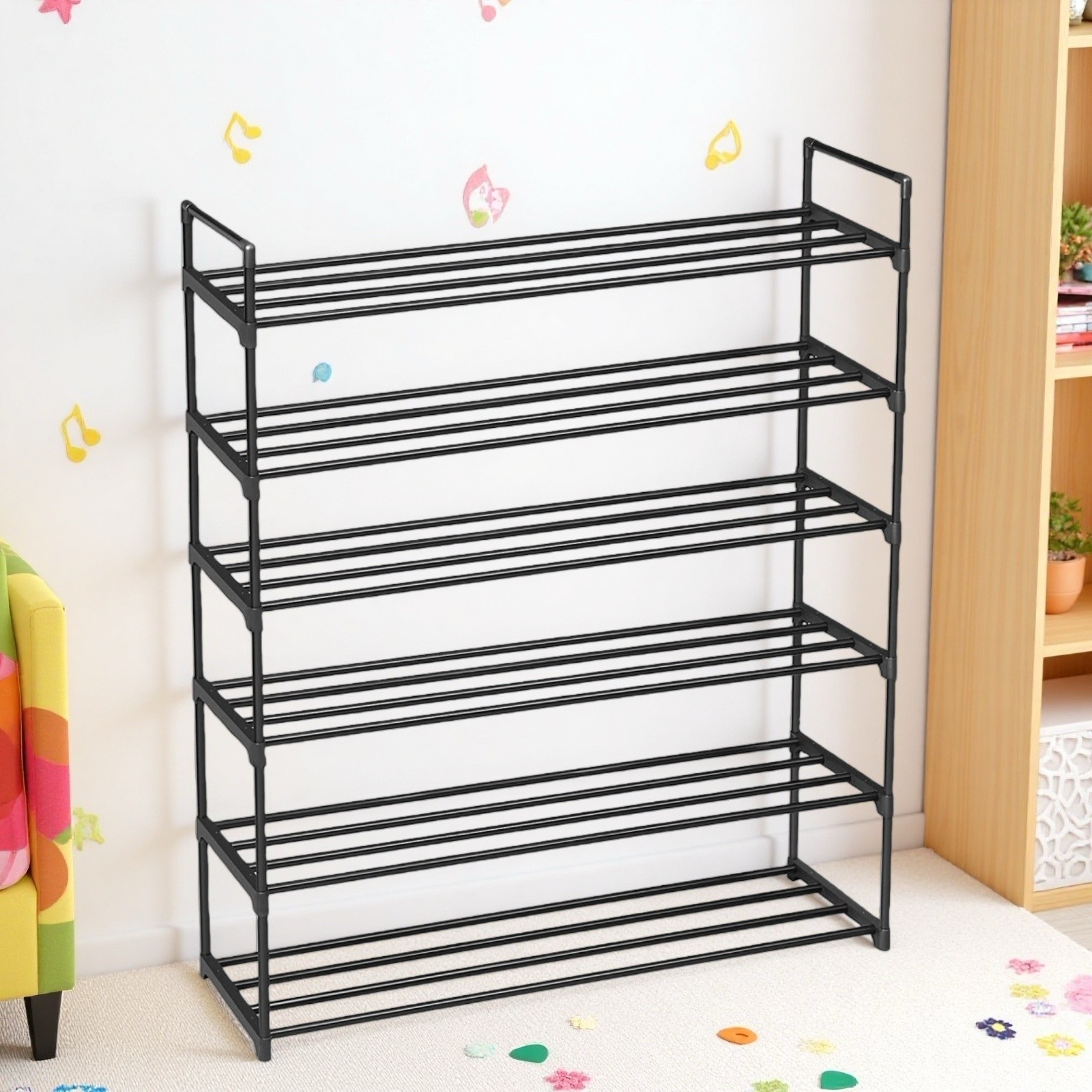 6-Tier Shoe Rack - Metal & Plastic Frame, Side Handles, Space-Saving & Black