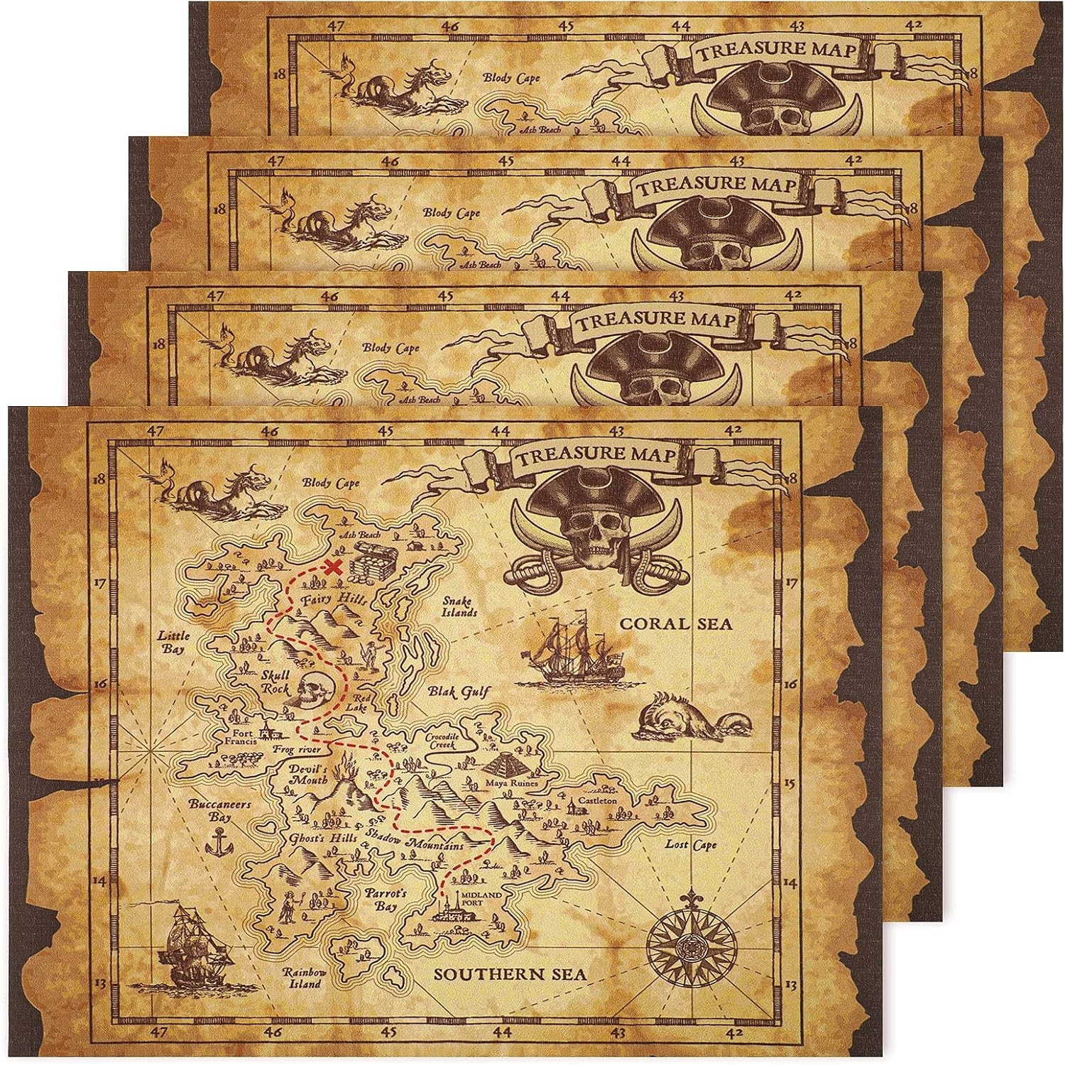 Tegeme 4 Pieces Pirate Treasure Map Adventure Vintage Multicolor