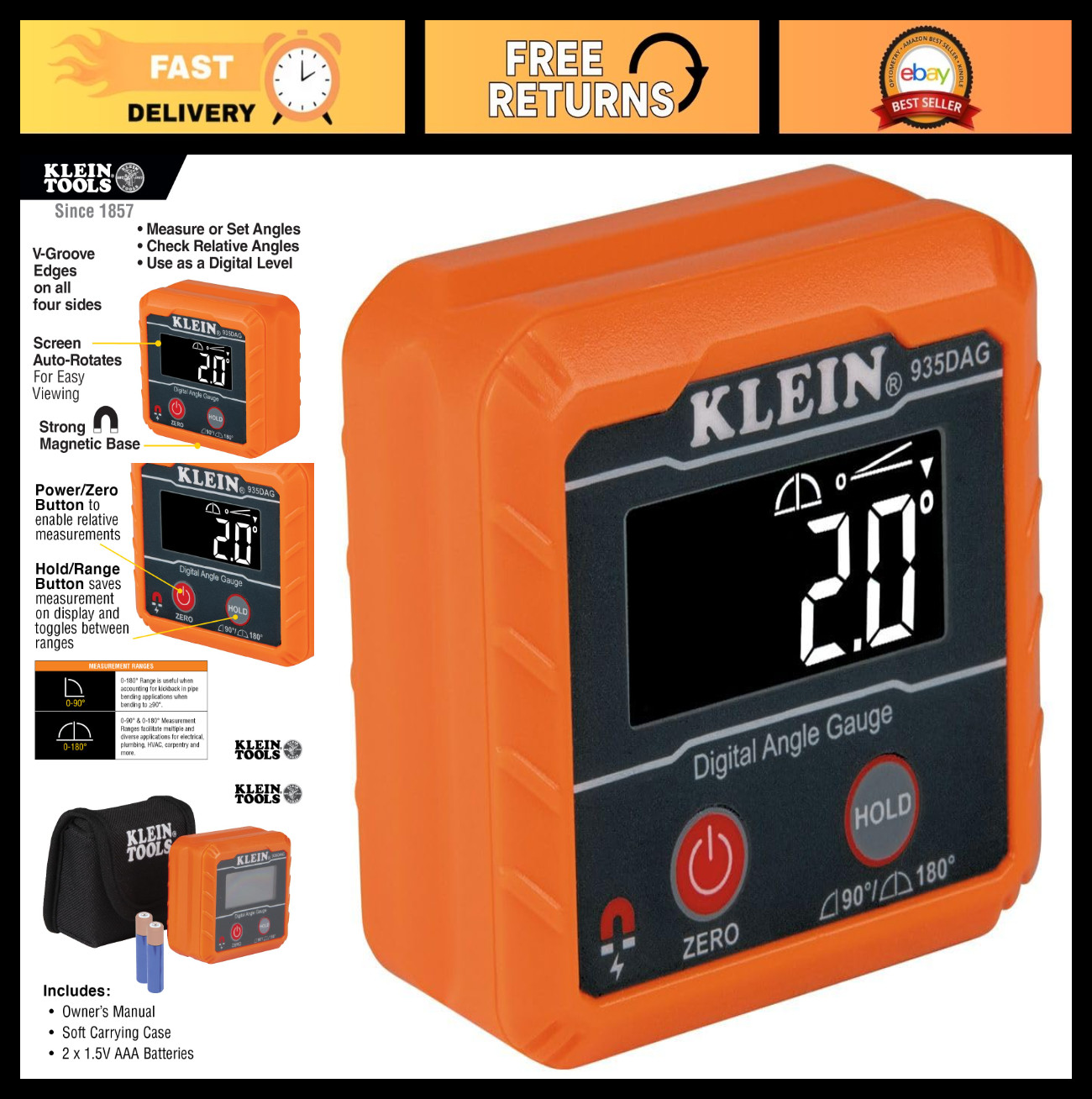 Digital Electronic Level & Angle Gauge, Measures 0-90° & 0-180°, Accurate Angle