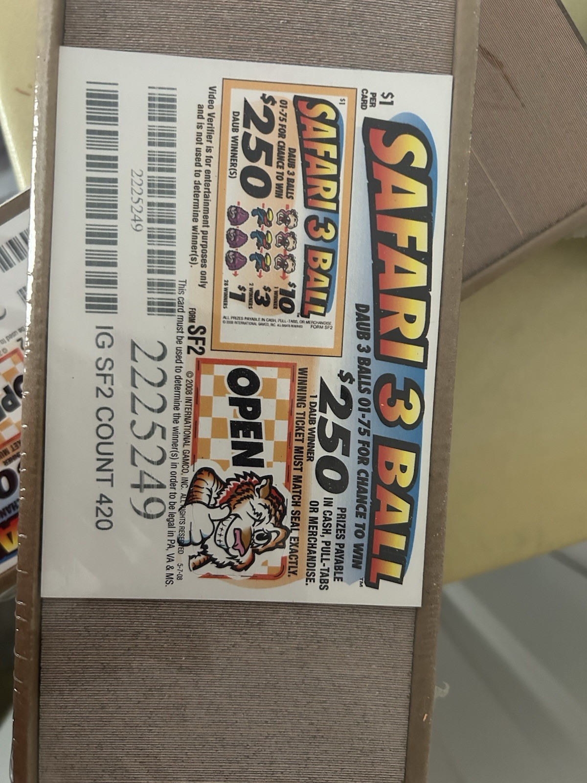 New Safari 3 ball pull tab game