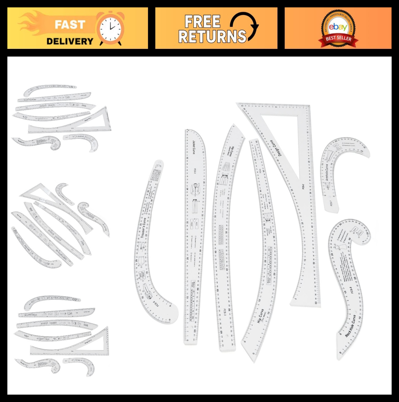 7Pcs Clear Sewing Ruler Set - French Curve & Pattern Rulers for Tailors & Design