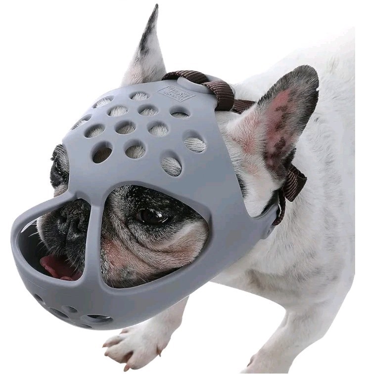 BARKLESS Soft Frenchie Muzzle for Short Snout Dogs, Allows Drinking, Gray