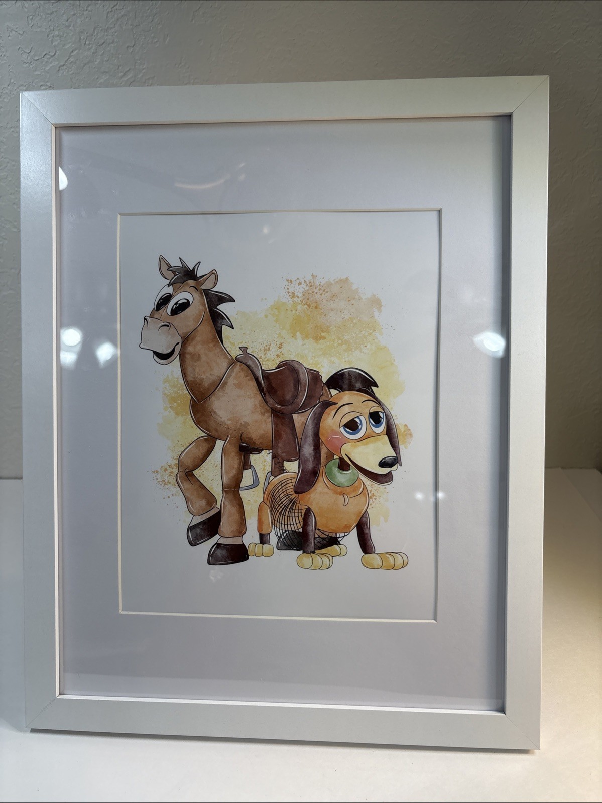Toy Story Bullseye Slinky In Wood Frame Matted White 15”x12” Horse Dog