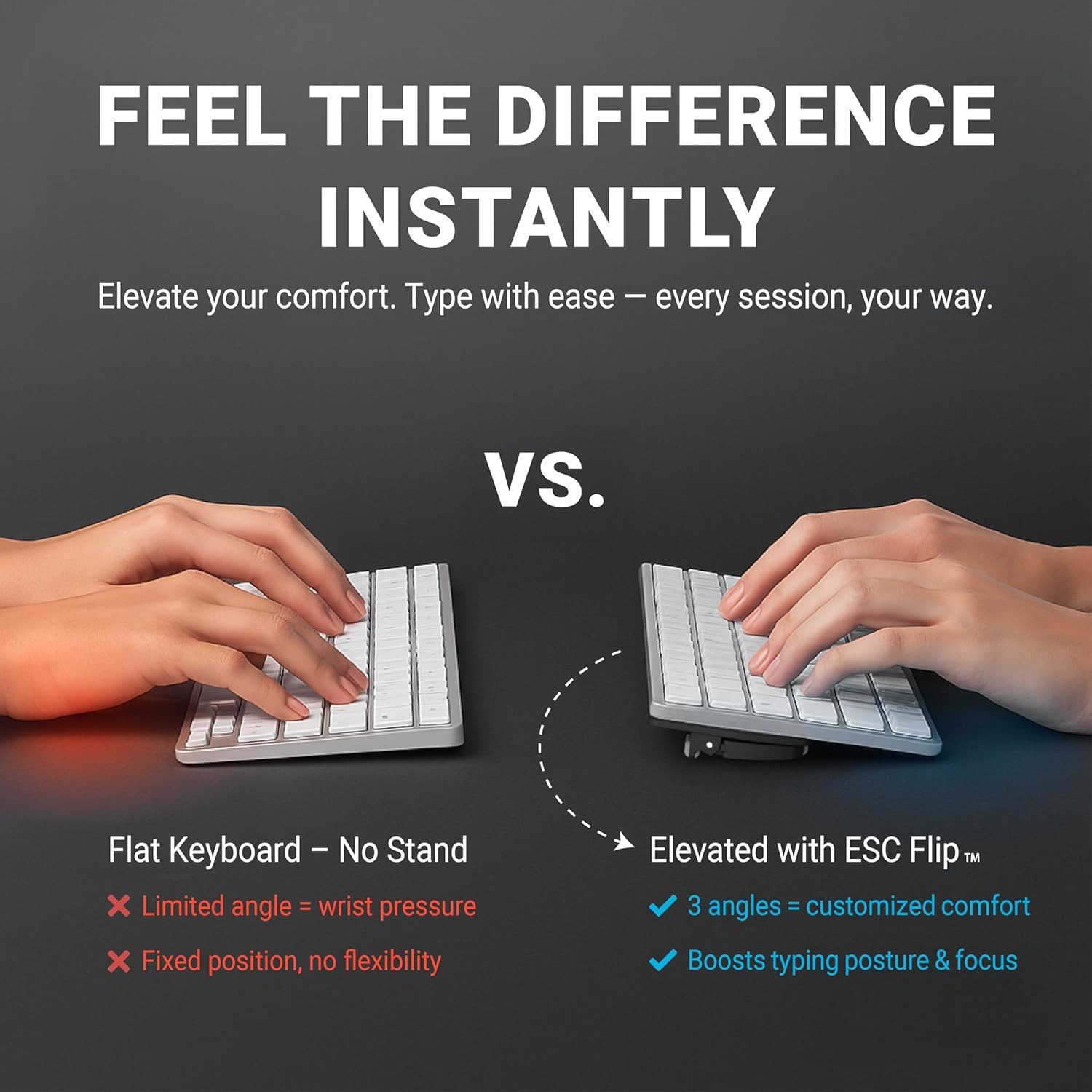 Flip Keyboard Stand for Desk, Compact Tilting Riser with Adjustable Angles