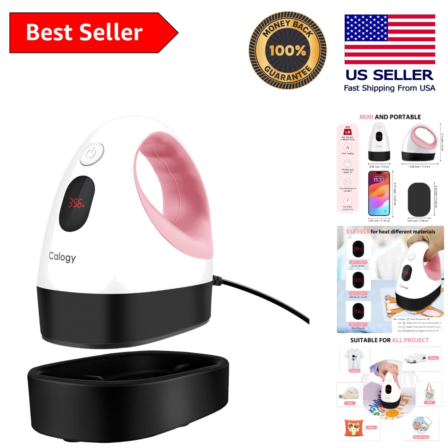 Elegant White Pink Mini Heat Press - Fast Heating & Easy Control for T-Shirts