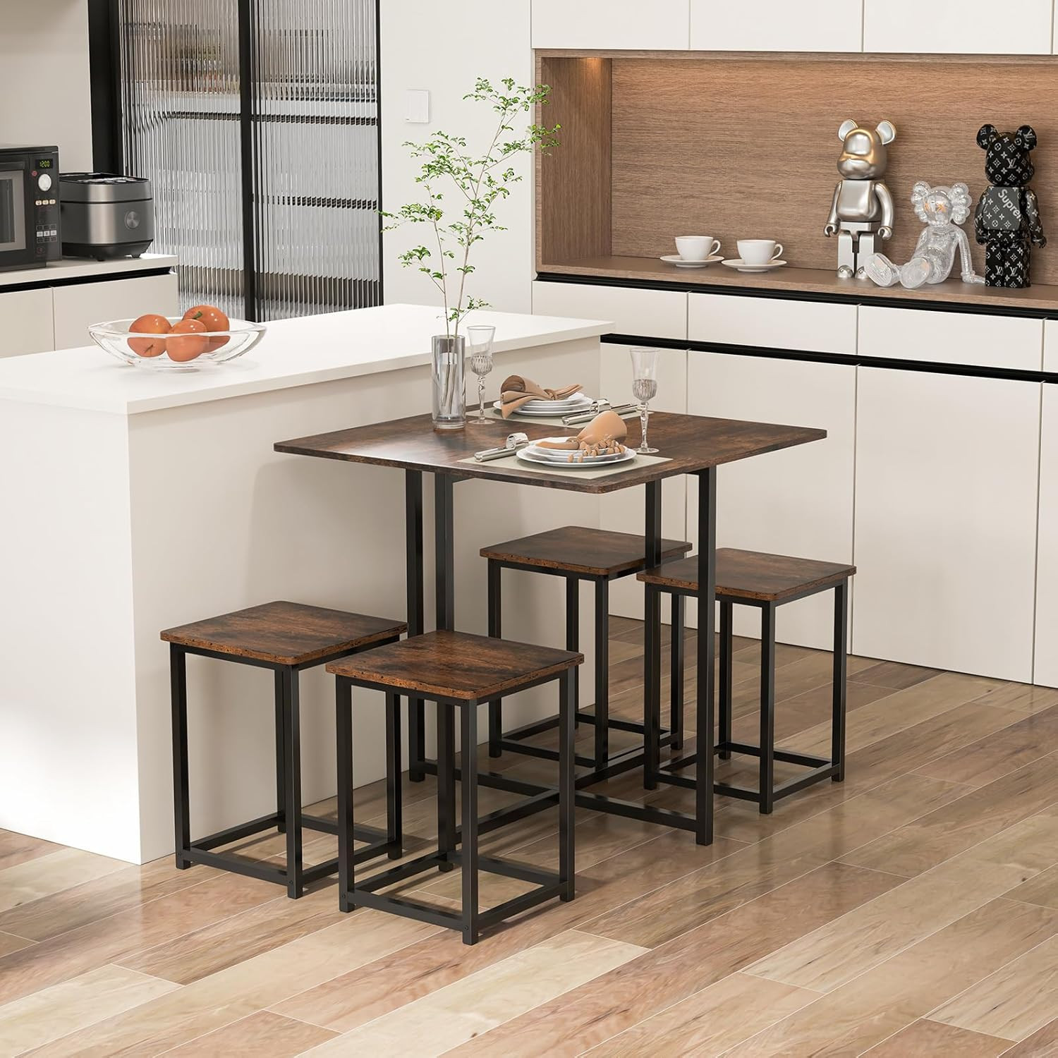 Compact Dining Table Set for 4, Small Kitchen Table Set with Square Stools and M