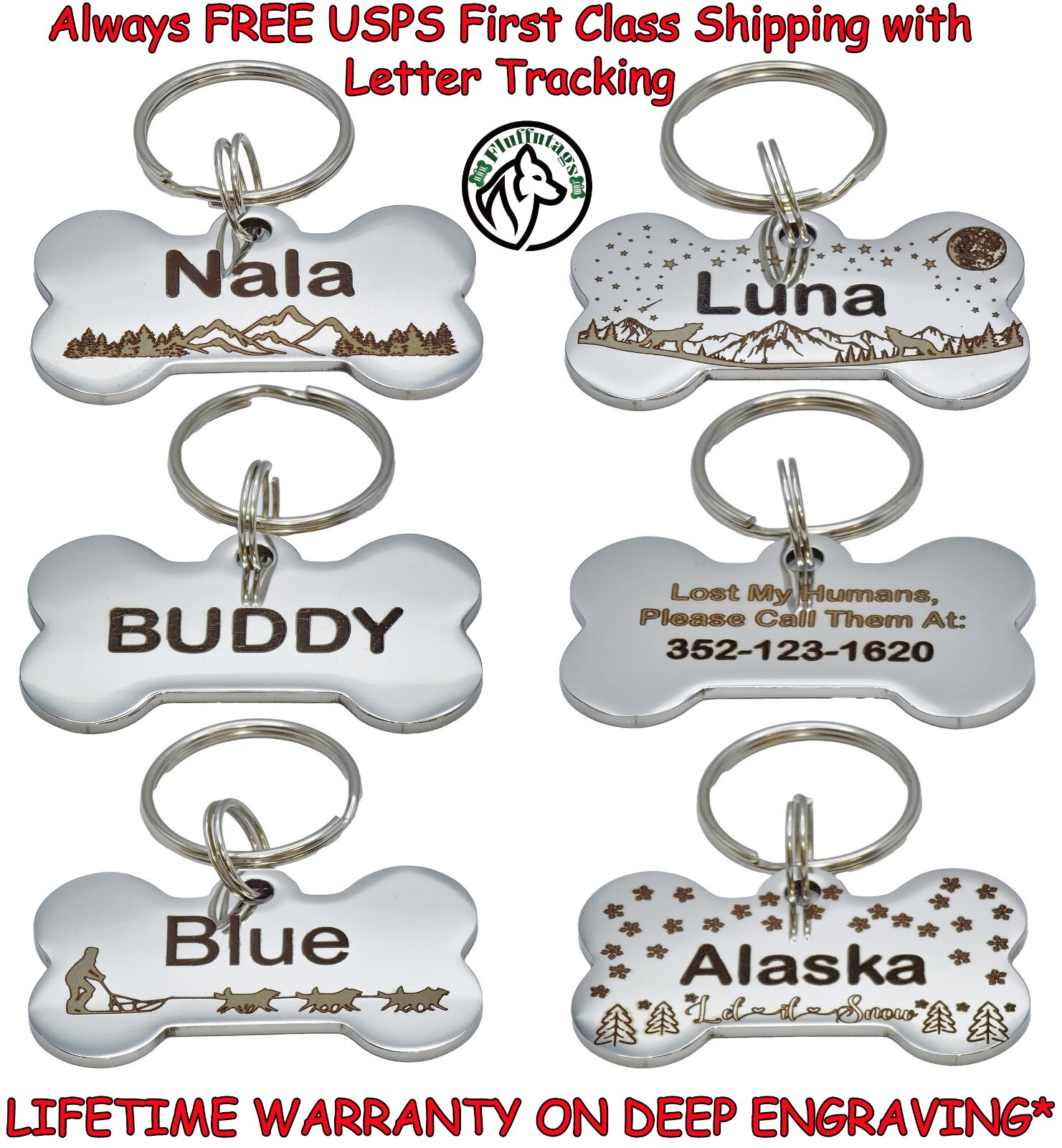Custom Deep Engraved Pet ID Stainless Steel Dog ID Tag Bone Lifetime Warranty *