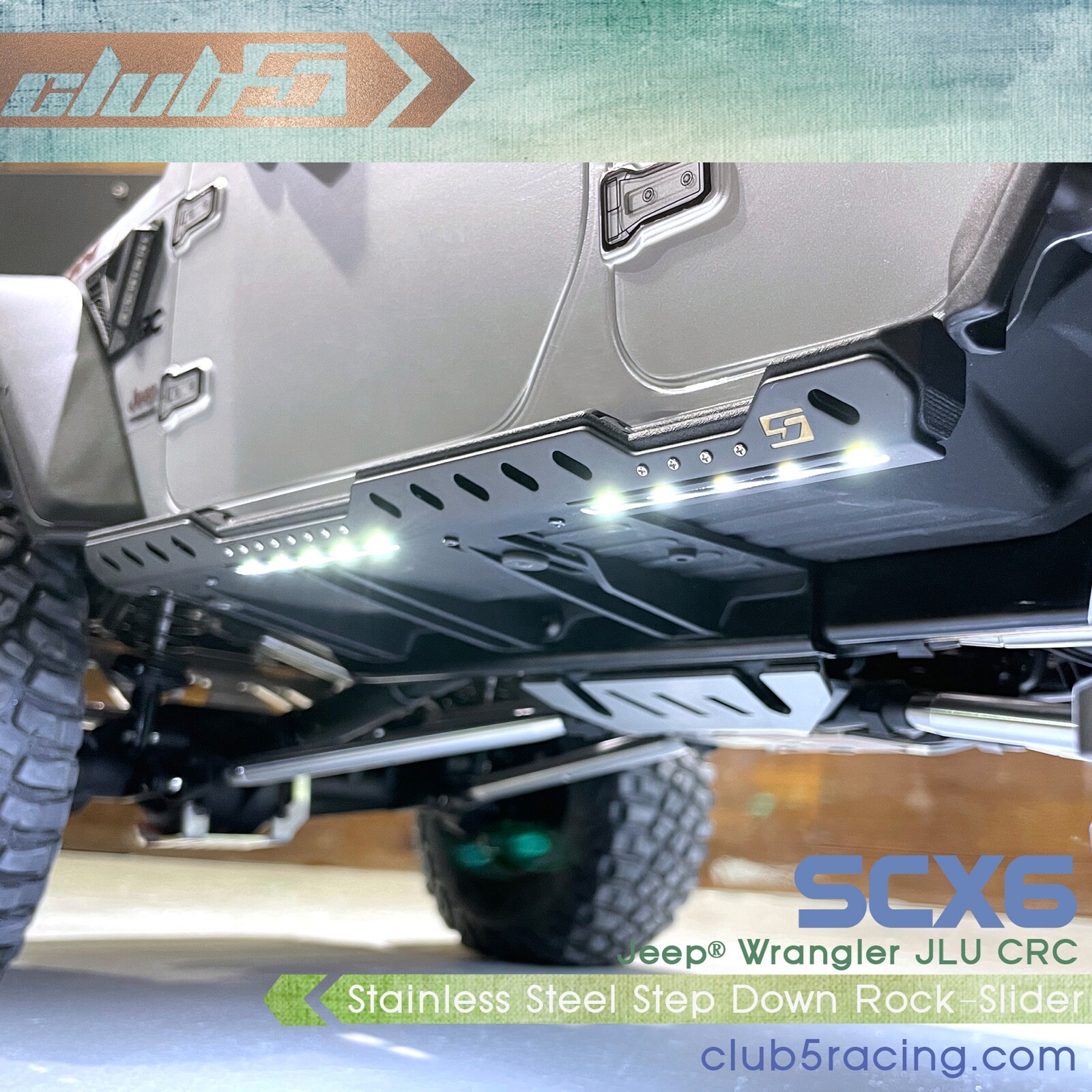 SCX6 Jeep JLU Rock Sliders Black Anodized w/ Courtesy Lights