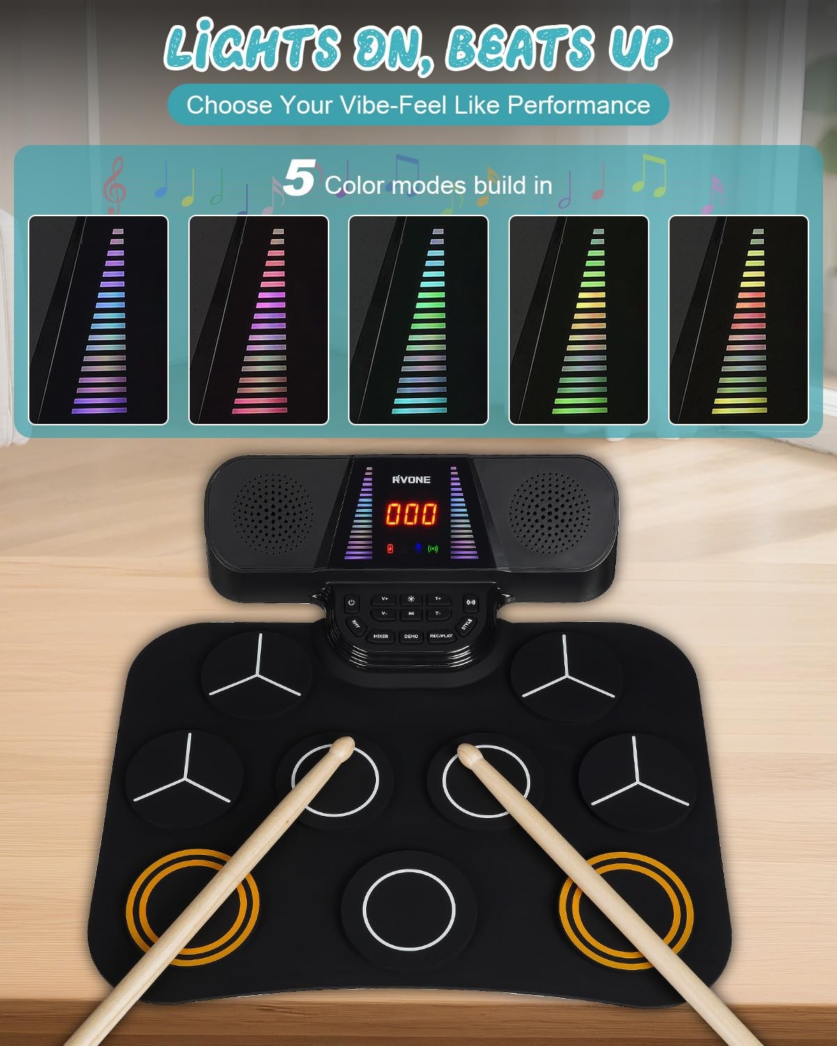 Electronic Drum Pad for Beginner with Screen, 9 Pad Roll-Up Drum Set with 5 L...