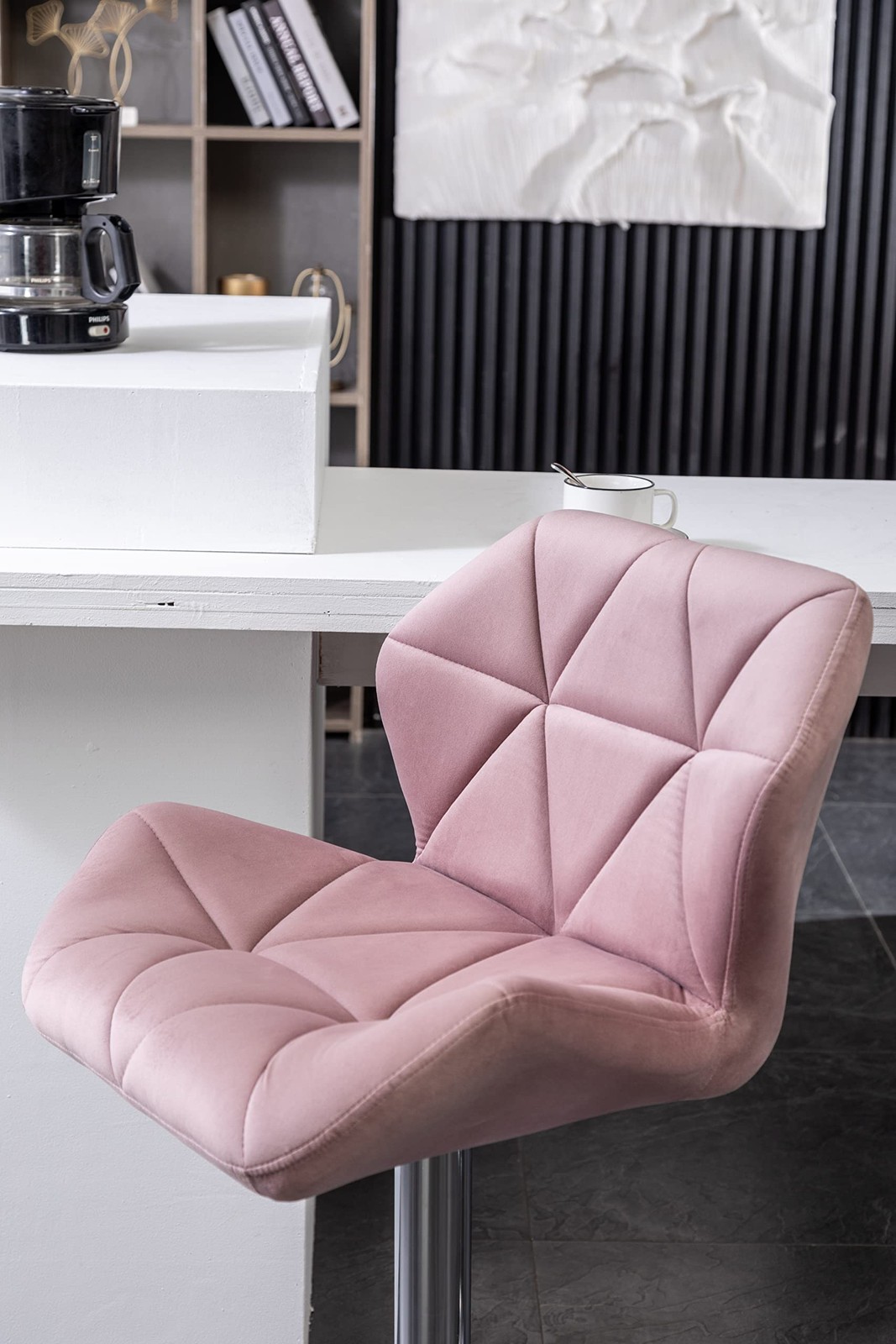 Breni Velvet Diamond Tufted Swivel Adjustable Height Barstools, Set of 2, Mauve