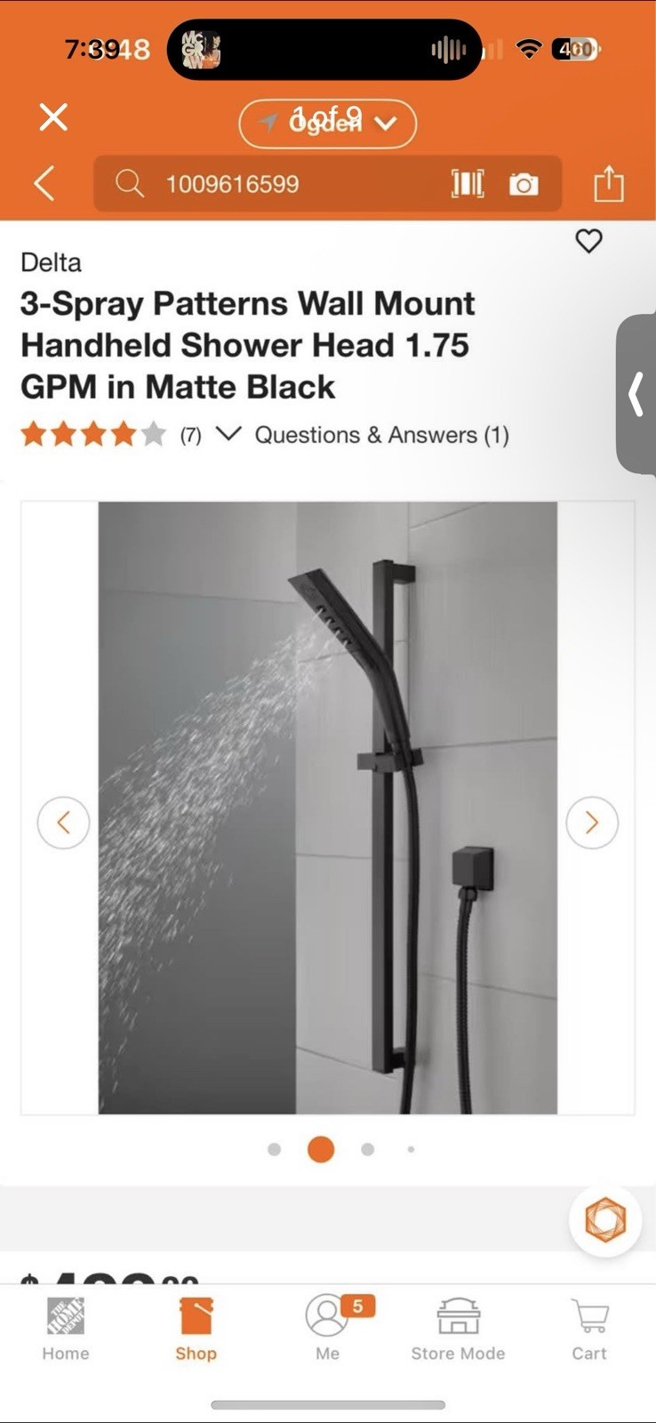 Delta 3 Spray Pattern Slide Bar Hand Shower