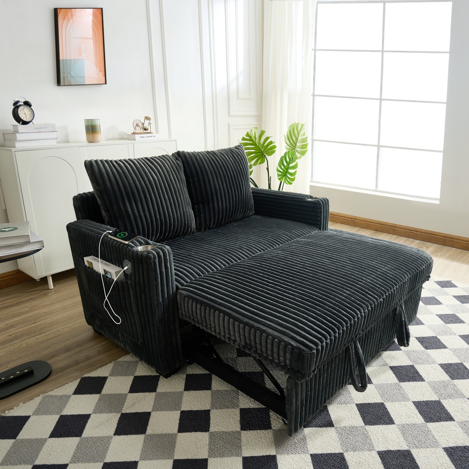 Convertible Sleeper Sofa Bed Corduroy Loveseat Sofa with Pull Out Bed & USB Port