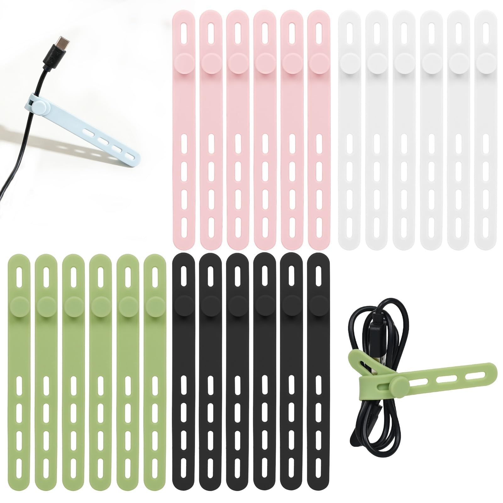 24Pcs Silicone Cable Ties - Reusable & Washable with Locking Buckles