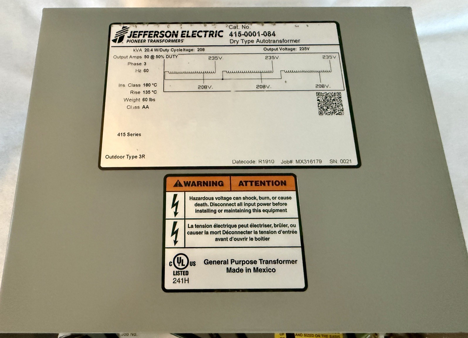 Jefferson Electric 20.4 KVA 3-Phase Autotransformer 208V to 235V 415-0001-084