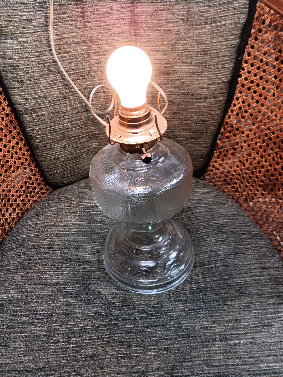 Electrified Glass Oil Lamp Table Lamp, Clear Pressed Scroll Base