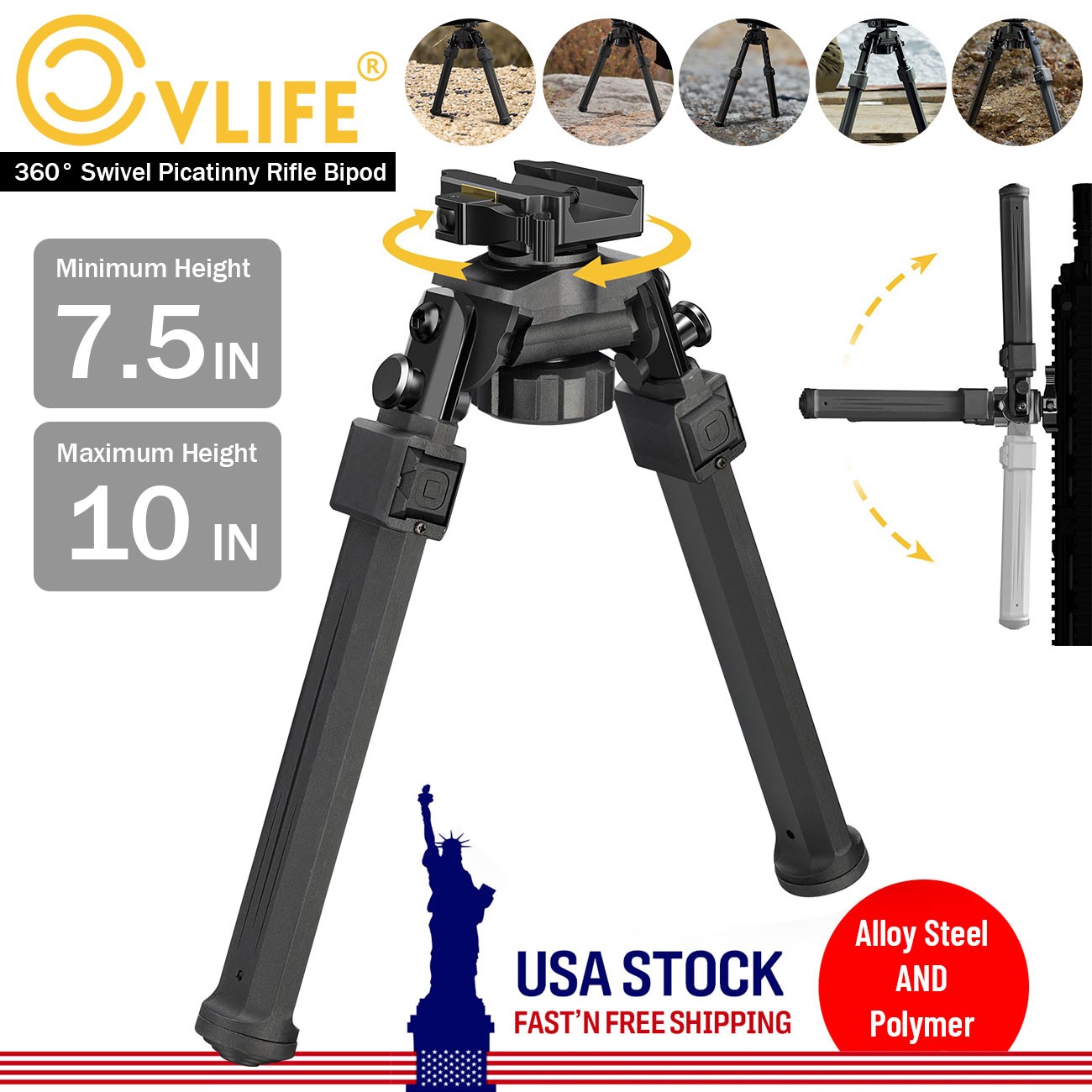 7.5" to 10" Alloy Steel Adjustable Hunting Rifle Bipod Picatinny Shooting Bipod