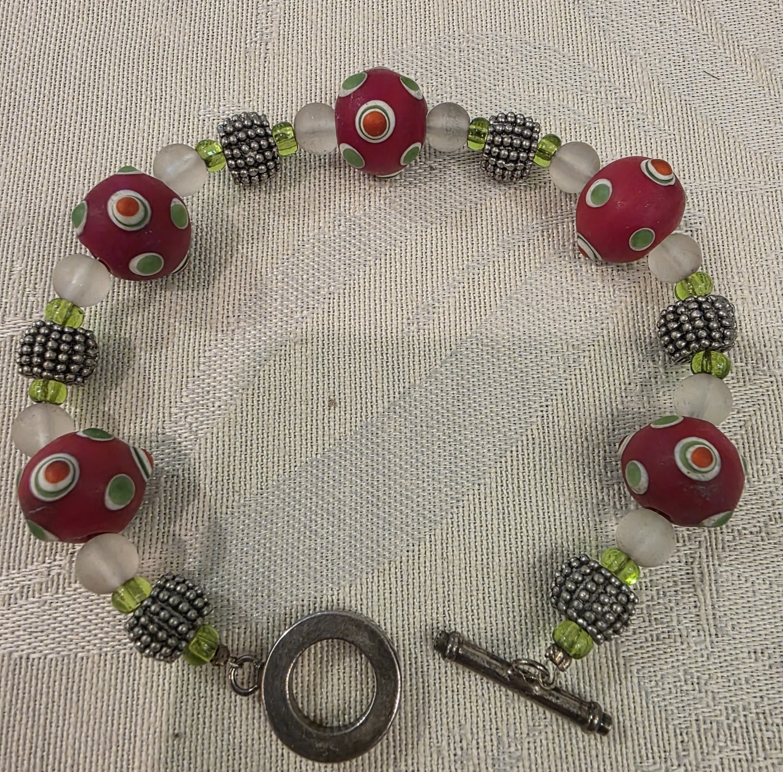 Hand Made Red Dotted Glass Lampwork; Metal & Green Beads 8" Toggle  Bracelet