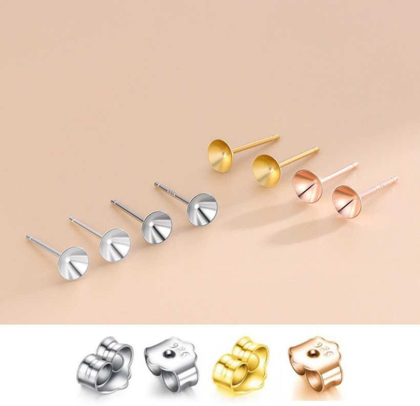 5 Pairs Sterling Silver Stud Post Earring Findings Round Cup Bead Cabochon Pearl
