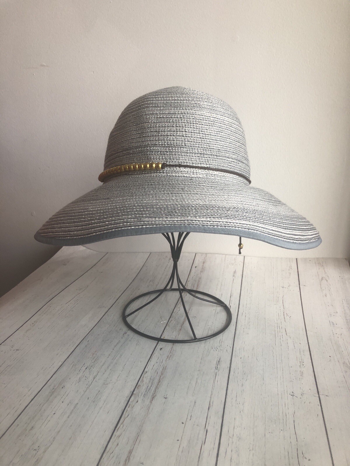Peter Grimm Sun Hat Blue W/Gold Accents Floppy Packable Crushable Wide Brim 21”