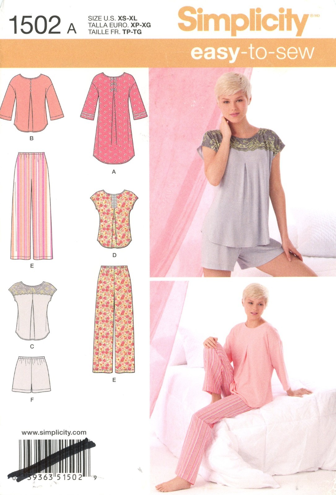 Simplicity 1502 Relaxed Fit Nightgown, Top w Front Pleat, Pants, Shorts Sz XS-XL