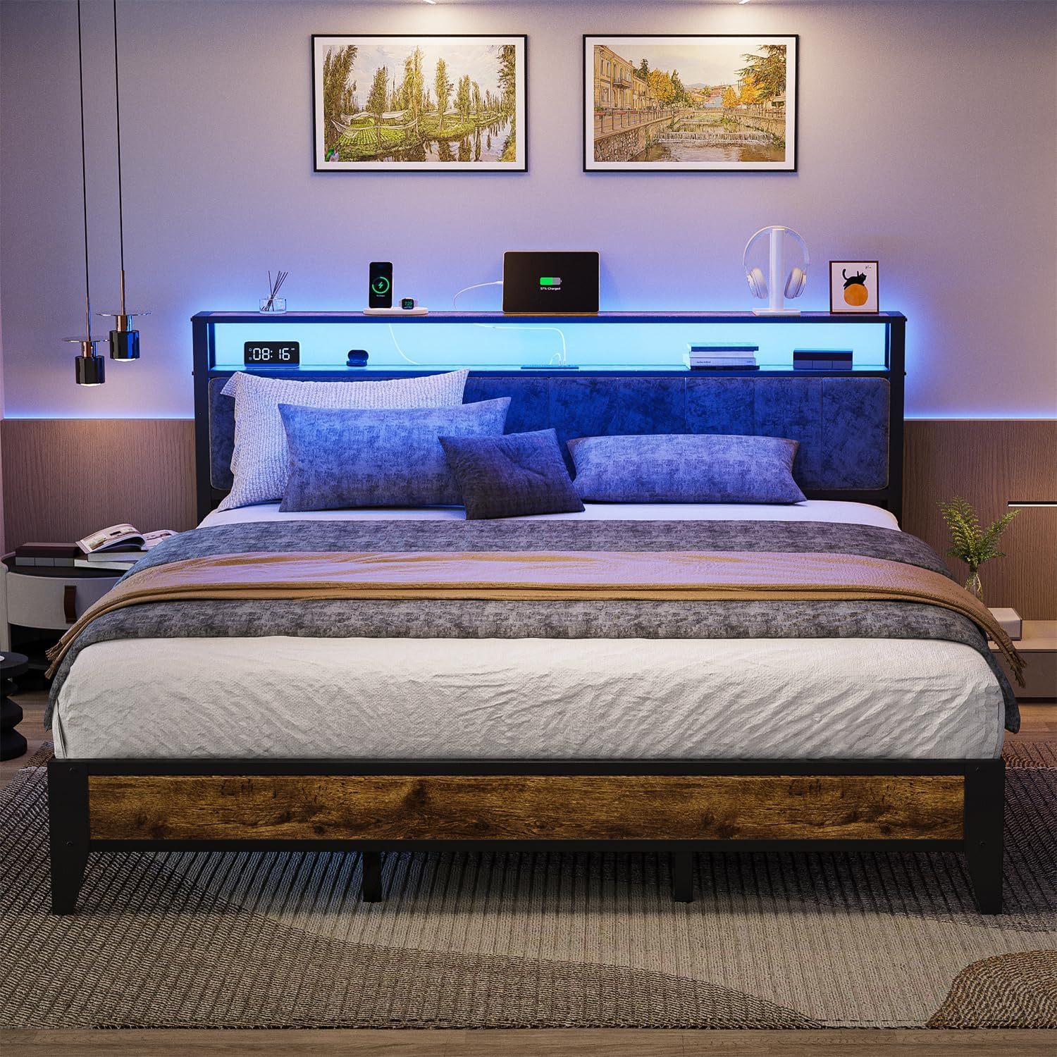 King Bed Frame with Headboard, Metal Platform Bed King Size with 2-Tier Storage,
