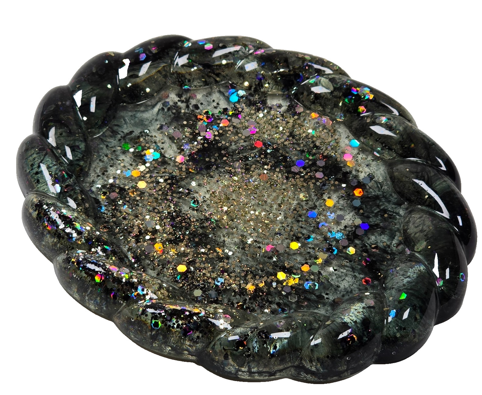 Handmade Resin Oval Tray 6x5" Braided Rim Black Glitter Nebula Sparkle Art Decor