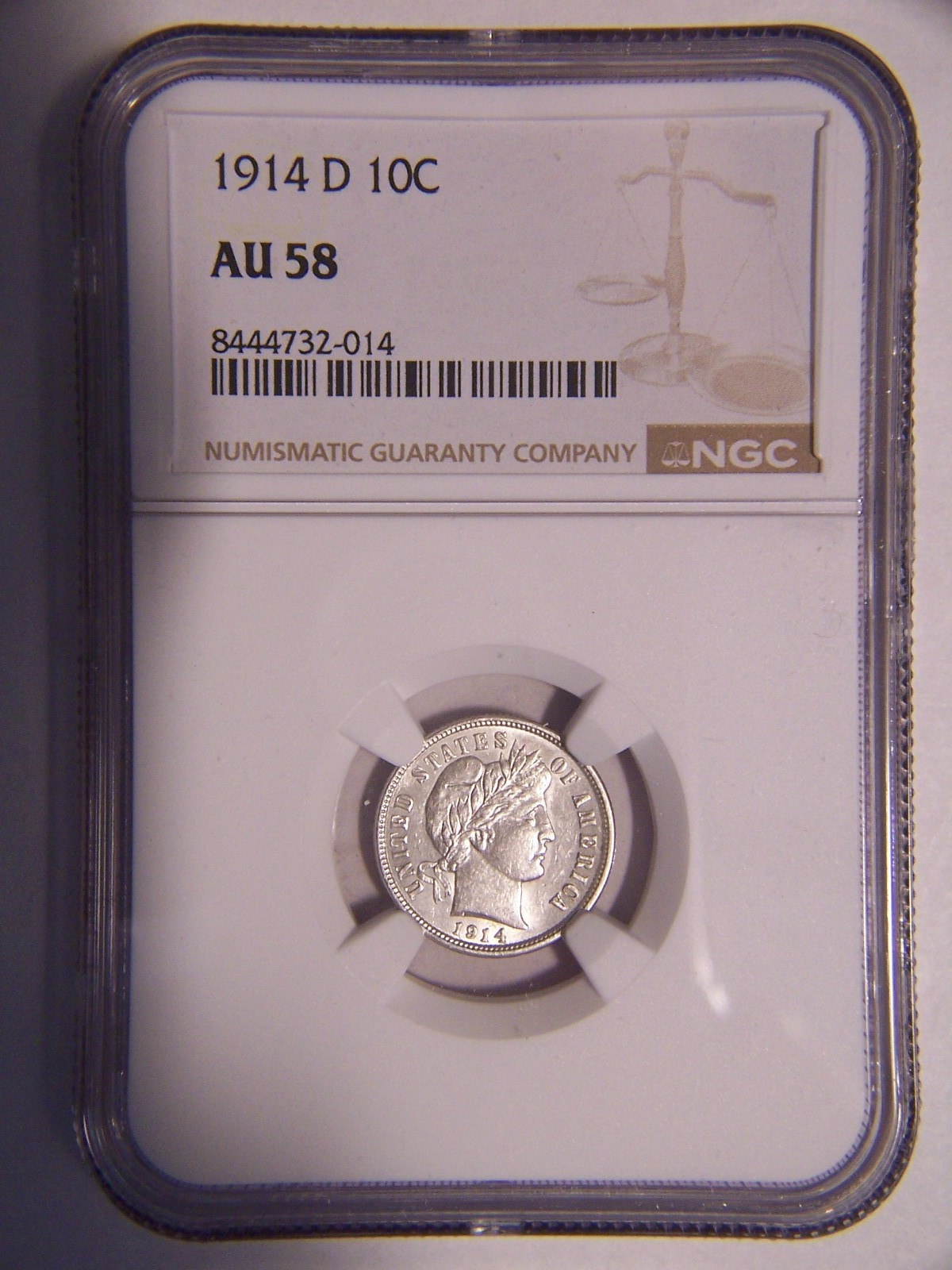 1914 D Barber Silver Dime AU 58 NGC