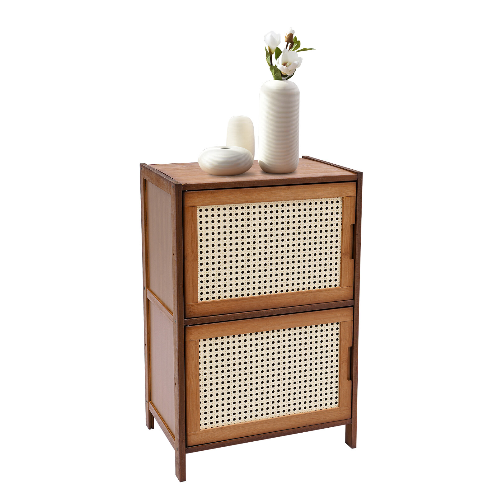 Nightstand With Decor Drawers Rattan Pattern End Table - Bamboo Sofa Side Table