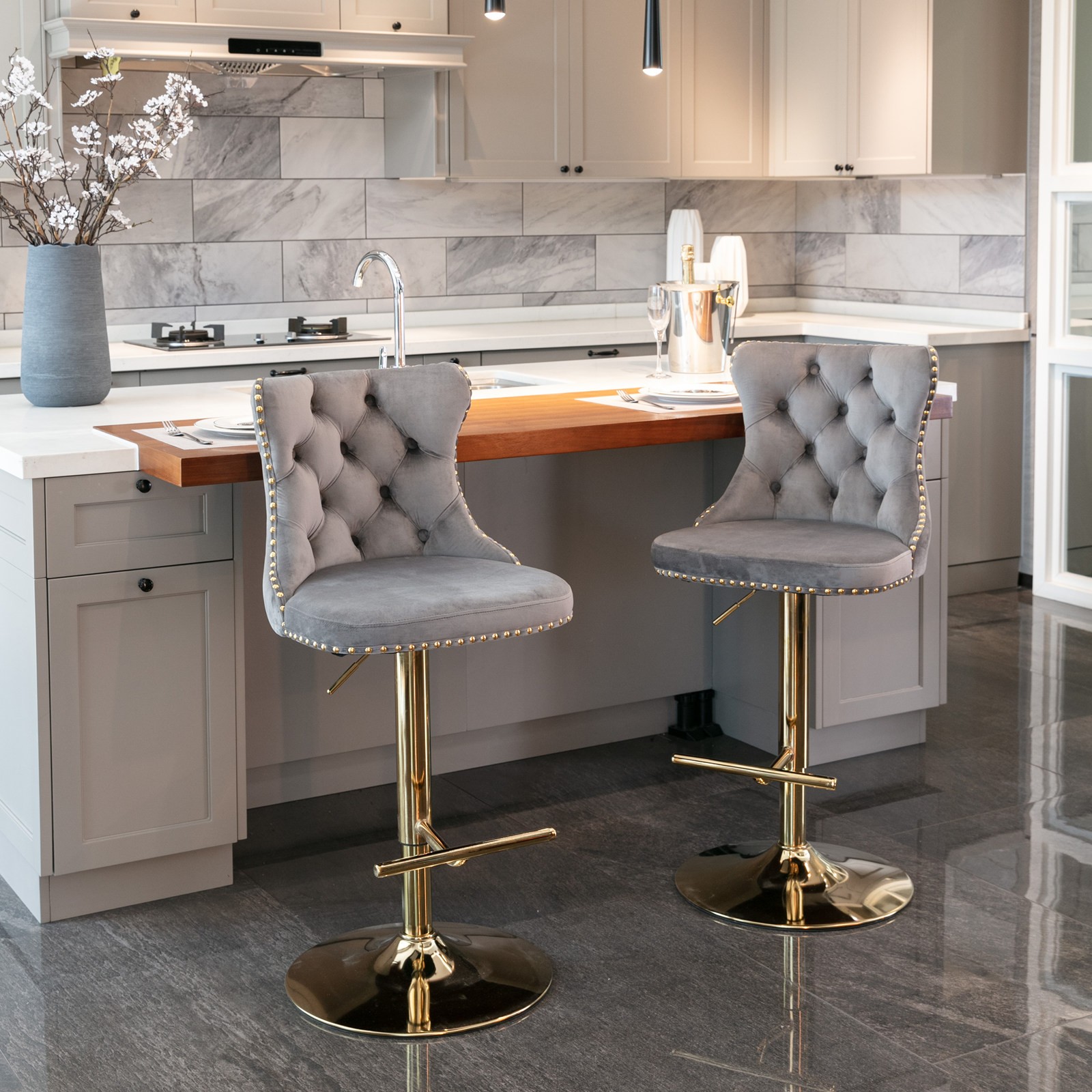 2Pack Golden Swivel Velvet Barstools Adjusatble Seat Height from 25-33 Inch