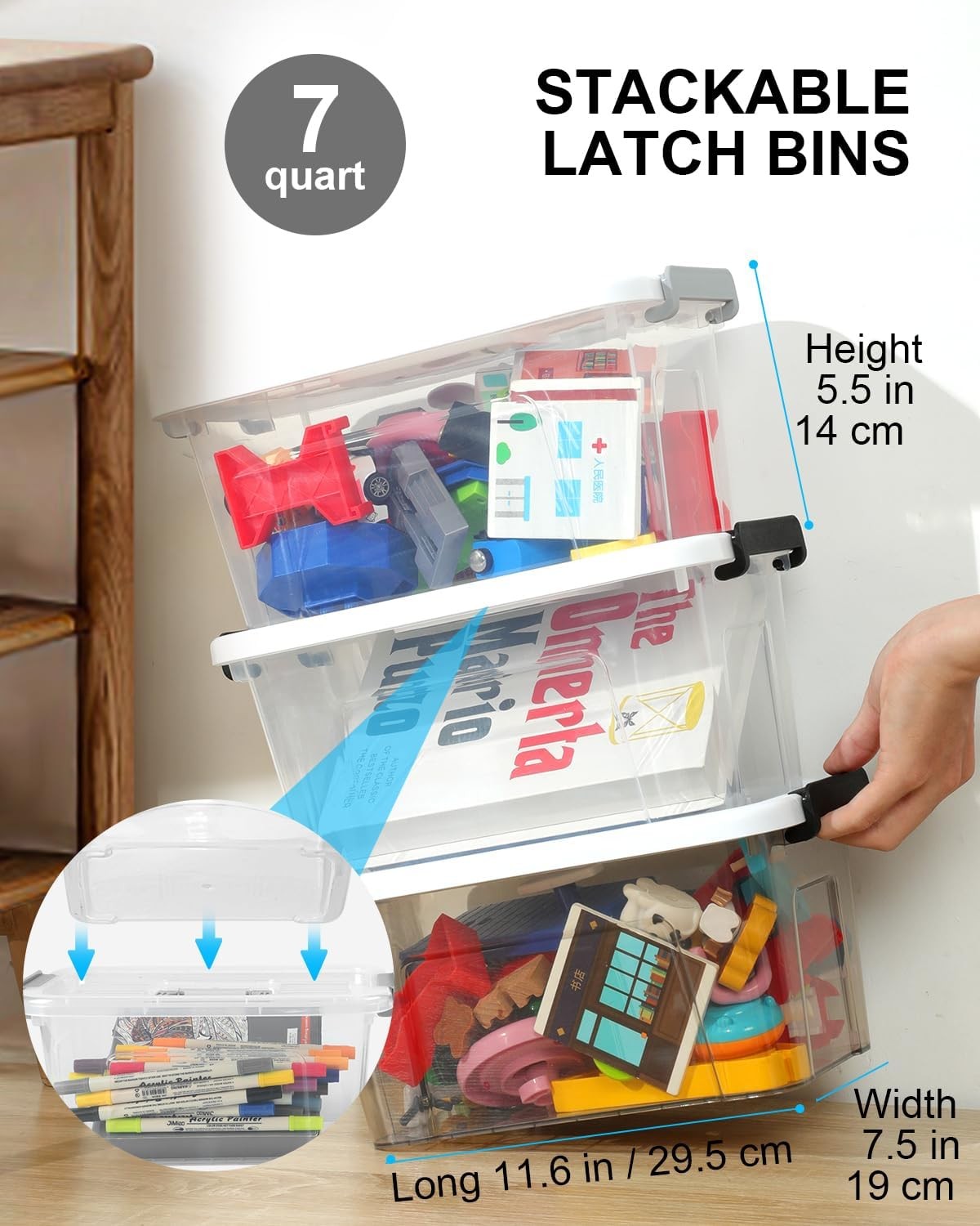 Plastic Storage Bins W/ Lids 6 Pack Storage Organizer 7 Quart Stackable Storage