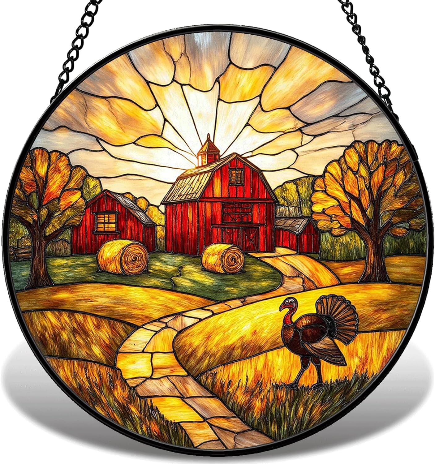 Autumn Farm Turkey Stained Glass Suncatcher Window Hanging Fall Decor