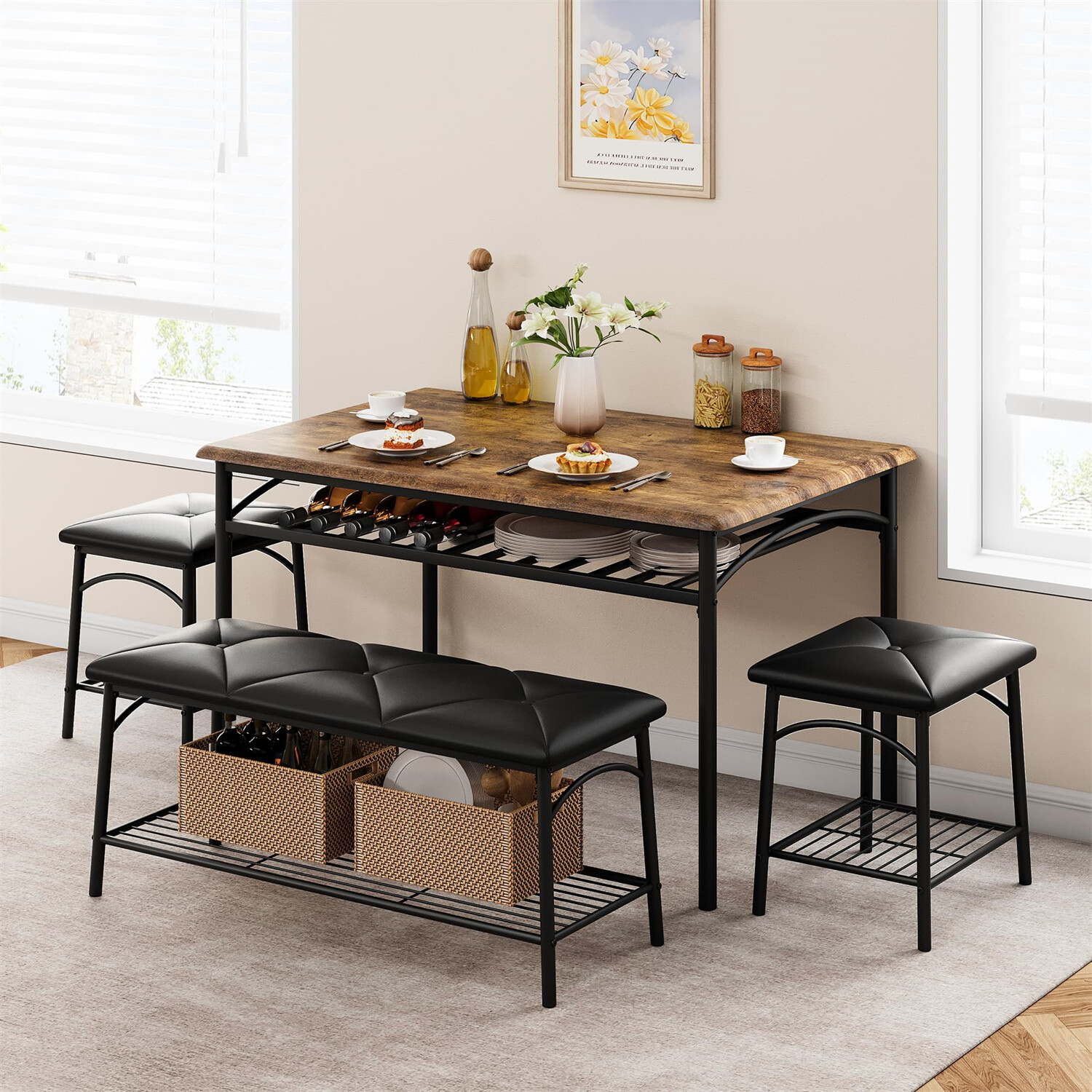 Dining Table Set for 4 Kitchen Table Set with Upholstered Bench Square Stools